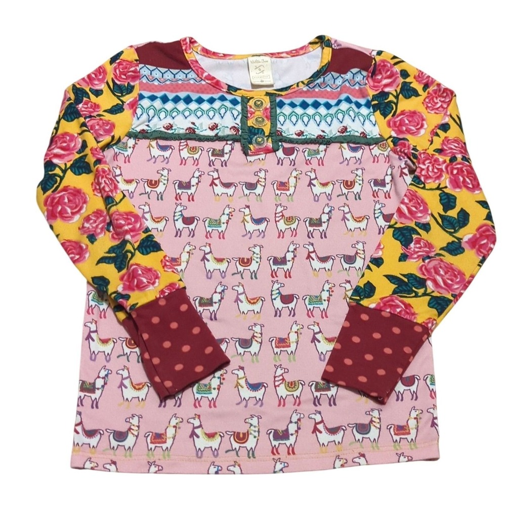 Matilda Jane Girls No Probllama Pajama Top Fleece Pink Yellow Mixed Print Size 6 - Picture 2 of 2